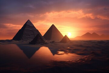 Pyramids in desert at dusk. Generative AI