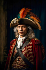 Portrait of a Man in a hat with a feather, in a historical military costume of the 18th century