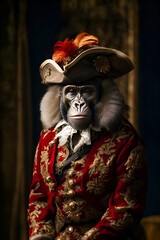 Gorilla in a hat with a feather, in a man's medieval costume of the 18th century