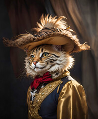 Portrait of a Cat in a hat, in a medieval costume of the 18th century