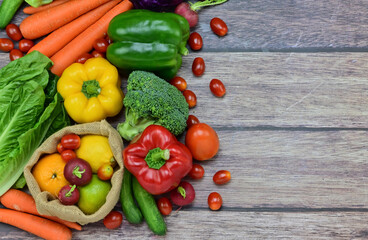 Healthy food background, healthy vegetarian food in paper bags, fruits and vegetables, banner copy space, supermarket shopping, food and clean vegetarian diet concept, organic fruits and vegetables co
