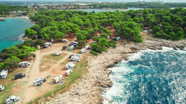 Aerial view of the Camping site with parked motorhomes in Croatia