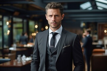 Fototapeta premium Happy successful middle aged business man ceo wearing suit standing in office. Smiling mature businessman professional executive manager looking away and thinking.