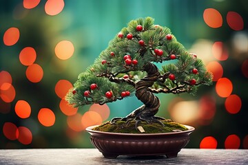 Christmas bonsai tree in a ceramic pot with tiny baubles on the table against blurred lights background