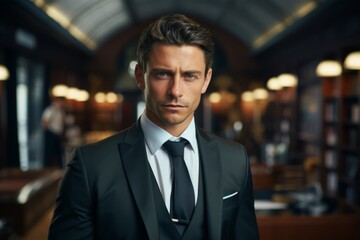 Happy successful middle aged business man ceo wearing suit standing in office. Smiling mature businessman professional executive manager looking away and thinking.