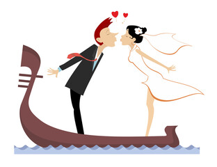 Kissing married wedding couple on gondola.  Kissing happy man and woman in the white dress and wedding veil ride on gondola. Heart symbol. Isolated on white background  © bigmen
