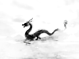 Obraz premium 水墨画で描かれた年賀状の干支 雲の中から現れた辰（龍）