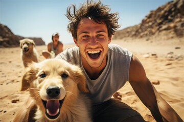 Young happy funny cheerful smiling caucasian family man playing with labrador on beach during sunrise or sunset. Man and dog having fun on seaside