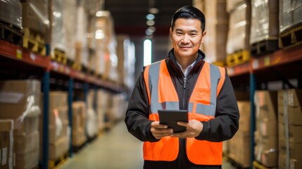 Asian male store worker and tablet working at warehouse distribution