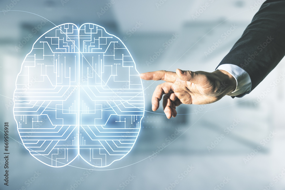 Poster man hand working with virtual creative artificial intelligence hologram with human brain sketch on b