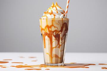 The shot of coffee shake frappe smoothie  topped with sweet whipping cream and caramel sauce in tall glasses  mugs on the black  white  blurry background. Generative AI.