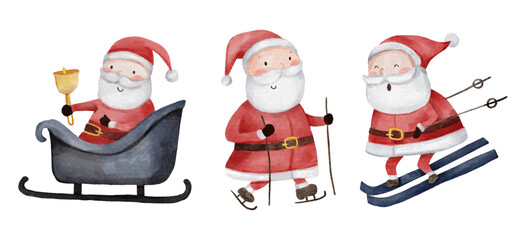 Fototapeta premium Santa claus . Christmas theme . Watercolor paint cartoon characters . Isolated . Set 3 of 15 . Vector .