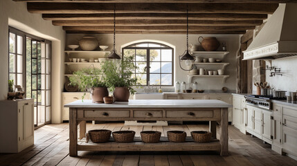 A rustic farmhouse kitchen with exposed wooden beams and a large farmhouse sink.