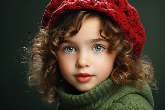 Close-up portrait face nice-looking attractive lovely sweety curious cheerful cheery smart clever child, copy space isolated green pastel color background