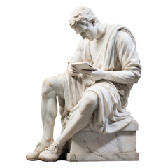 Marble statue of greek Man. screen addiction. Tablet.  greek Man statue addict to smart phone or tablet. PNG