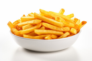 The fresh yummy french fries in a white bowl isolated on a clear white background shot in a studio. Generative AI.