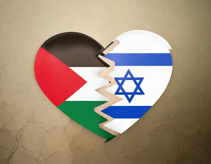 Broken heart with palestinian and israel flag as war concept. AI generative.