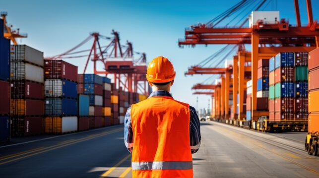 Engineer and tablet at container yard from cargo ship for import-export Port control officer