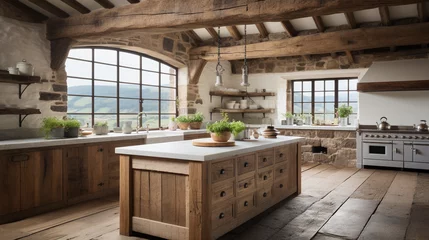 Foto op Canvas A rustic farmhouse kitchen with exposed wooden beams and a large farmhouse sink. © Milan