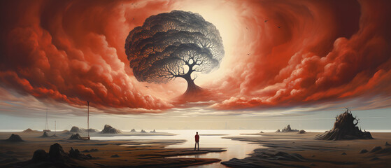 Surreal Art background with person Looking At Tree With Red Sky - obrazy, fototapety, plakaty