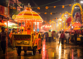 a carnival with a cart and a carousel in the rain at night time with people walking around