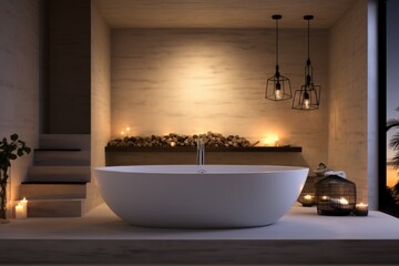 Modern bathroom interior with bathtub and chic vanity, black walls, parquet floor, plants, wooden wall panel, and natural lighting. Minimal bathroom 