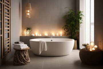 Modern bathroom interior with bathtub and chic vanity, black walls, parquet floor, plants, wooden...