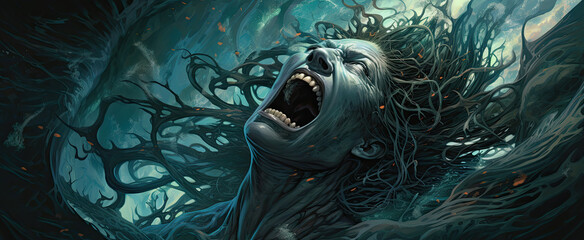 a woman screaming in the midst of a supernatural attack. Her face is distorted with fear and her mouth is open in a silent scream. Symbiot. Supernatural, nightmare.