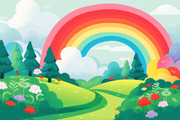 Bright beautiful rainbow on the background of the sky and pink clouds flat illustration