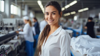 Smiling young woman and tablet in a fashion factory, Industrial sewing CNC machines at production line