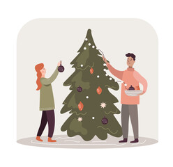 Young couple celebrate Christmas. Symbol of winter holidays and New Year.Vector flat illustration.