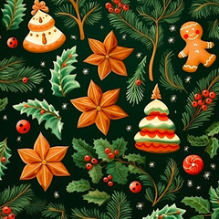 a christmas pattern with ginger cookies and other chritmas ornaments, trees, christmas bg