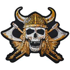 Embroidered patch with Viking skull in horned helmet with axes. Asatru paganism Nordic beliefs. Odin, Thor, Loki, Valhalla. Accessory for bikers, motorcyclists, rockers, metalheads, punks. Rock'n'roll - obrazy, fototapety, plakaty