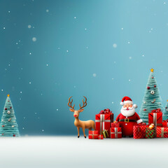 a santa clause is sitting in front of a christmas tree with presents and a deer in front of it