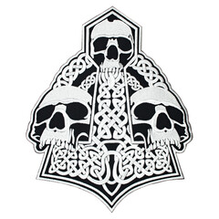 Embroidered patch depicting a skeleton, skull, death. Accessory for metalheads, punks, rockers, bikers, satanists, emo, street aggressive subcultures. Mjolnir. Hummer of Thor.