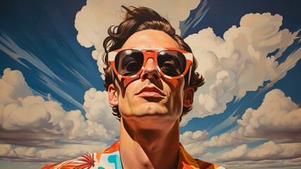 Surrealistic image in the style of an oil painting. Beach vacation portrait, fanciful dadcore with summer patriotic themes.