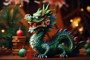 Fototapeta premium The fabulous green wooden dragon is symbol of 2024 New Year. A cute green dragon is sitting next to a Christmas tree with gifts.