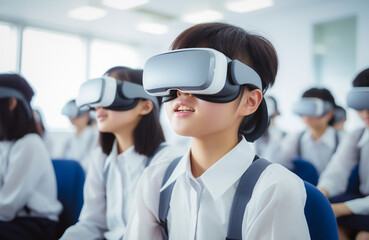 Gen Alpha Kids Using VR Glasses at School.