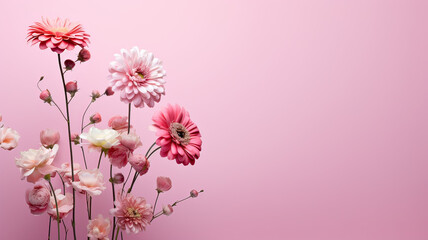 Pink flowers with pink copy space background on the right side