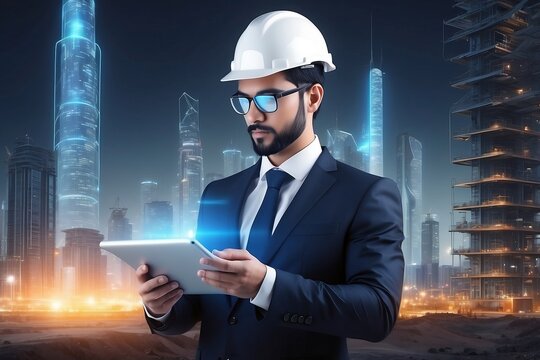 A Futuristic Architect, Businessman, Engineer Manager Using Tablet With Icon. Construction Technology Concept. Generative AI.