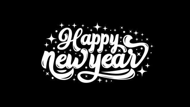 Animated Happy New Year Text in White Color. Alpha Channel. Happy New Year 2024 Animation. Great for celebrations, events, messages, and festivals. 4K animation