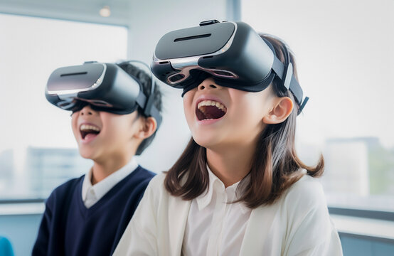 Gen Alpha Kids Using VR Glasses at School.