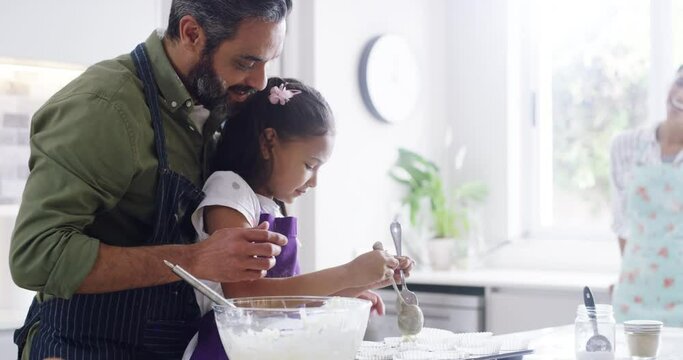 Family, baking or happy in kitchen with fun for learning, child development and bonding with play at home. Indian man, woman or kid with apron for cooking, support and dessert with love, care and joy