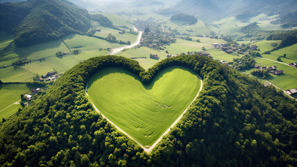 Heart symbol created on the top of a mountain with many trees in a very green forest - obrazy, fototapety, plakaty