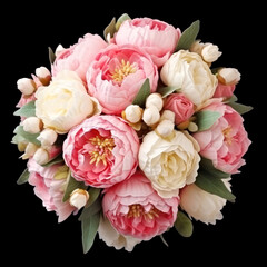 Beautiful bouquet with peonies of pink white color and English roses wedding bouquet floristry isolated on a black background
