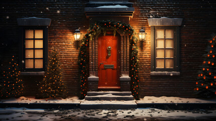 The red house entrance with a classic Christmas wreath, snowy day. Generative AI