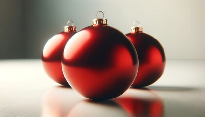A trio of red Christmas balls with a shiny finish delicately placed on a reflective surface, bathed in soft light that creates a warm, festive atmosphere.