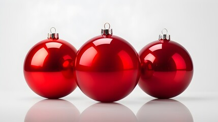 Three bright red Christmas balls arranged in a line on a neutral white background with a perfect reflection on the glossy surface
