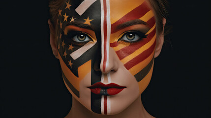 Close-up of painted face. Face art side view in profile. Germany patriotic concept