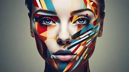 lady with abstract geometric face paint on color background